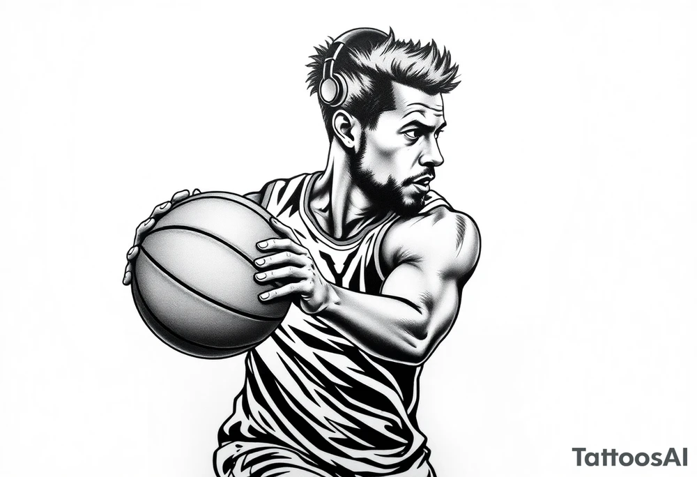 A guy dribbling a basketball with headphones on tattoo idea