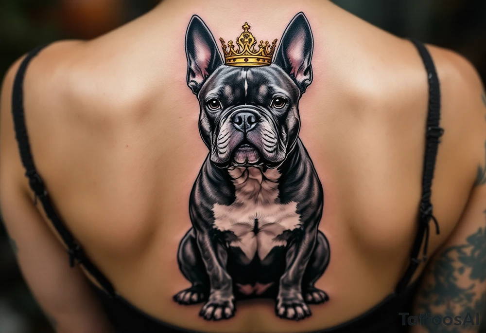 Stafford with Crown – A proud Staffordshire Bull Terrier sitting upright with a gold crown tilted on its head, done in black and gray with subtle gold highlights. tattoo idea