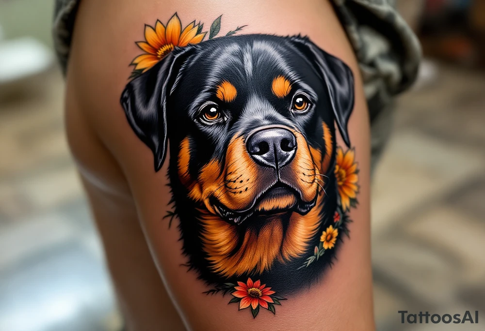 Neo-Traditional Rottweiler – A bold, detailed Rottweiler design with clean lines, saturated black and orange-brown fur, and bright traditional-style flowers around it. tattoo idea