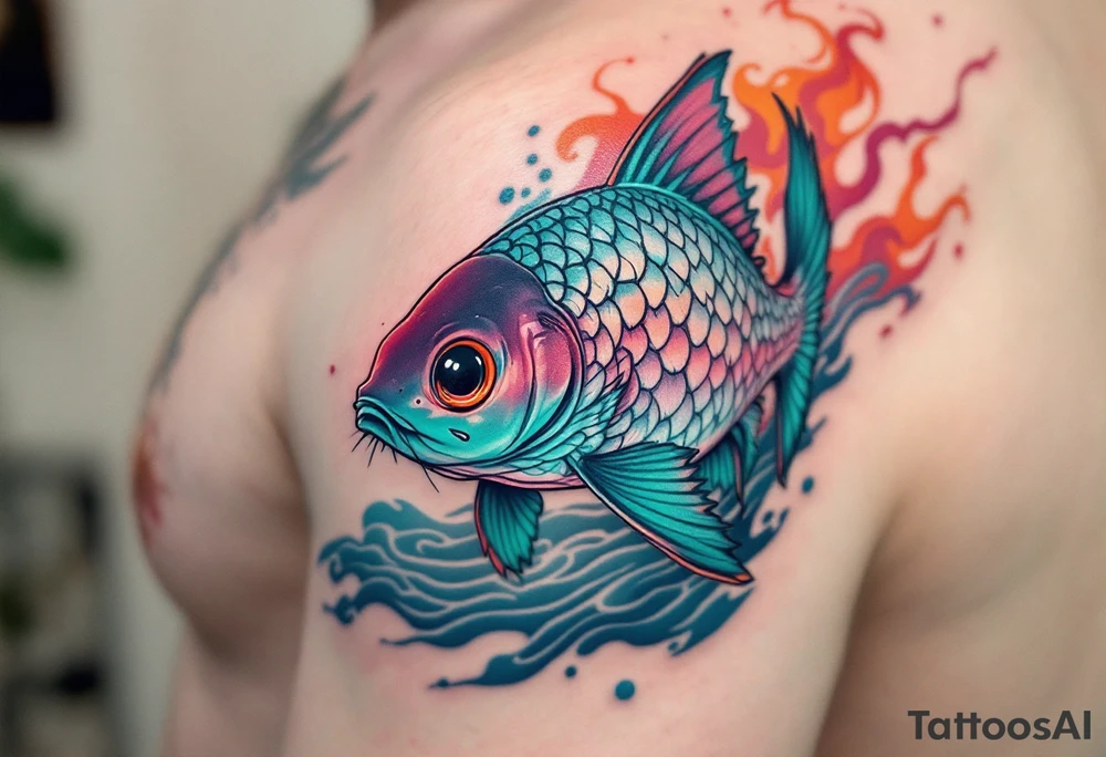 Catfish in Motion – A sleek, dynamic catfish swimming with silvery-blue scales, accented by soft teal fins and rippled water lines in the background. tattoo idea