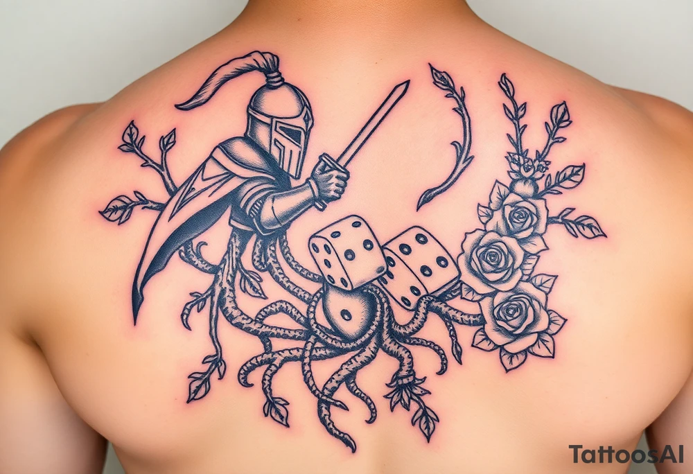 knight and squid intertwined with tree roots and roses rolling dice tattoo idea