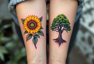 A vibrant sunflower in yellows for her and a strong oak tree in greens for him on the ribs represent growth and grounding. tattoo idea