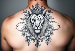 powerful majestic lion with a crown, surrounded by floral ornaments and birds tattoo idea