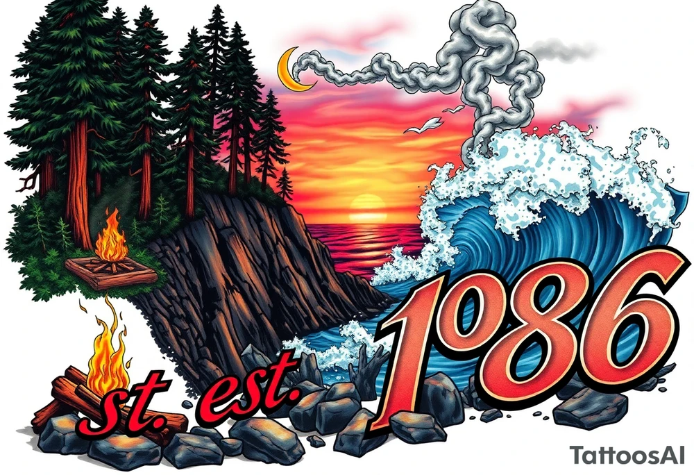 Collage of Redwood forest cliff huge trees campfire smoke and sunset meeting ocean  with huge waves crashing on the rocky shoreline with the words "est.1986" in graffiti like old English custom letters tattoo idea