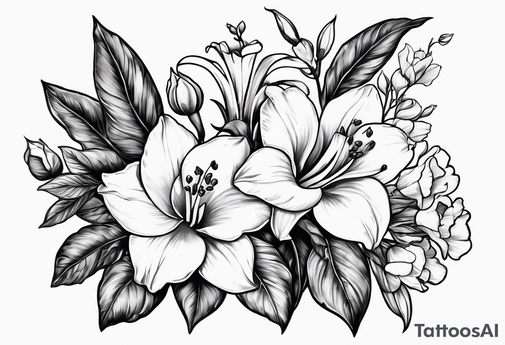 rose, violet, lilly of the valley, gladiolus, and narcissus tattoo idea