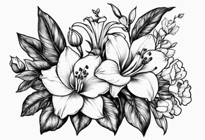 rose, violet, lilly of the valley, gladiolus, and narcissus tattoo idea