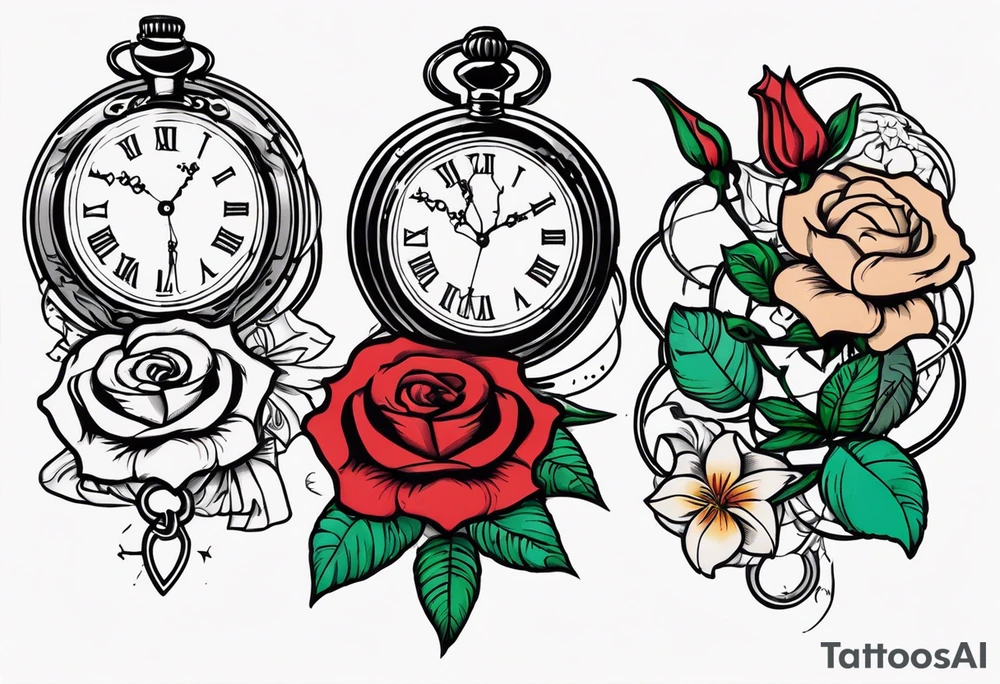 Two pocket watches linked together by a chain spelling "Lyv". Roses and lilies in the background tattoo idea