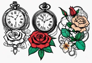 Two pocket watches linked together by a chain spelling "Lyv". Roses and lilies in the background tattoo idea