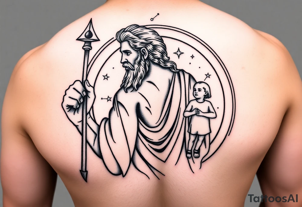 a tattoo design of the Greek God Saturn holding his spear in one hand with the Saturn Symbol as the spear head, in his other hand holding a twin but younger version of himself. The gemini constellation is in the background behind the Saturn Gods with the saturn rings circling around the whole design on an axis. tattoo idea