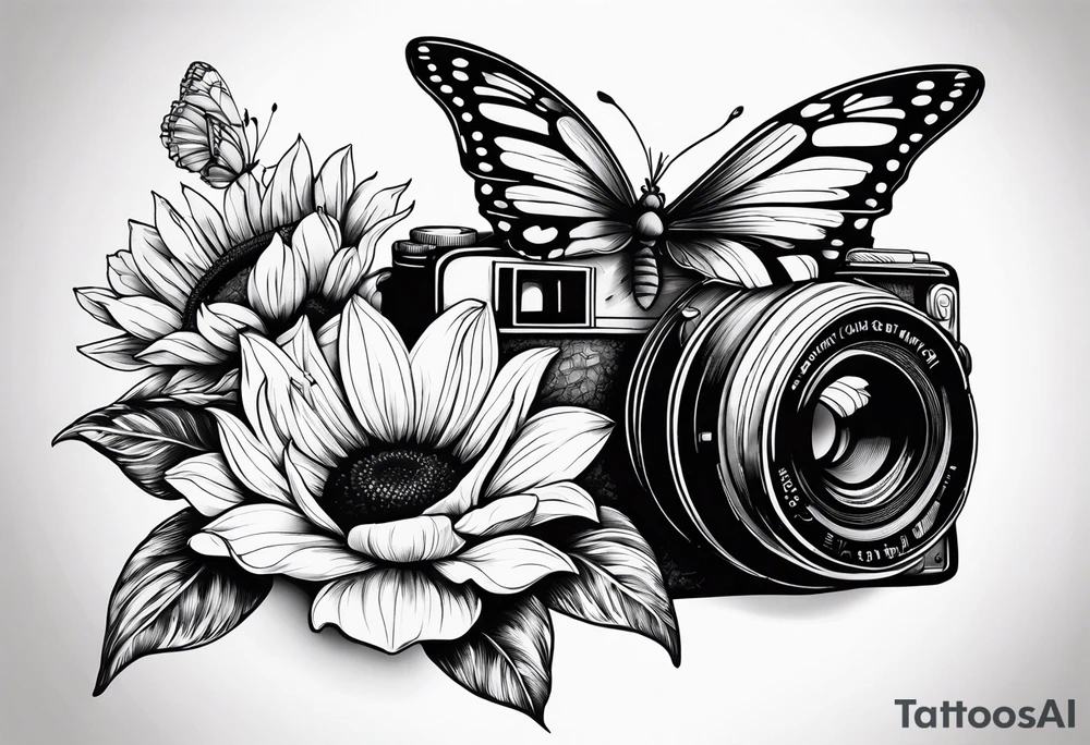 Butterfly, sunflower, camera, book, flower rose tattoo idea Butterfly, sunflower, camera, book, flower rose tattoo idea