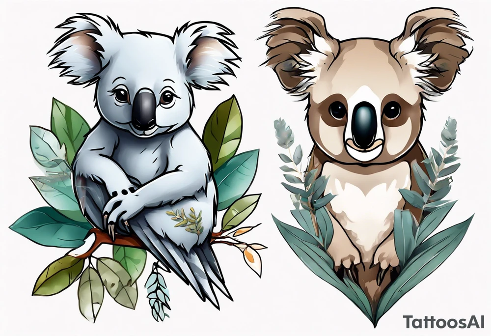 A koala with a kookaburra with eucalyptus leaves and wattle leaves tattoo idea