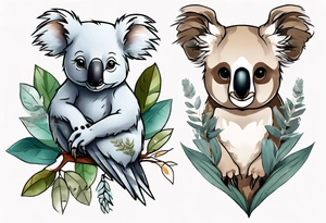 A koala with a kookaburra with eucalyptus leaves and wattle leaves tattoo idea