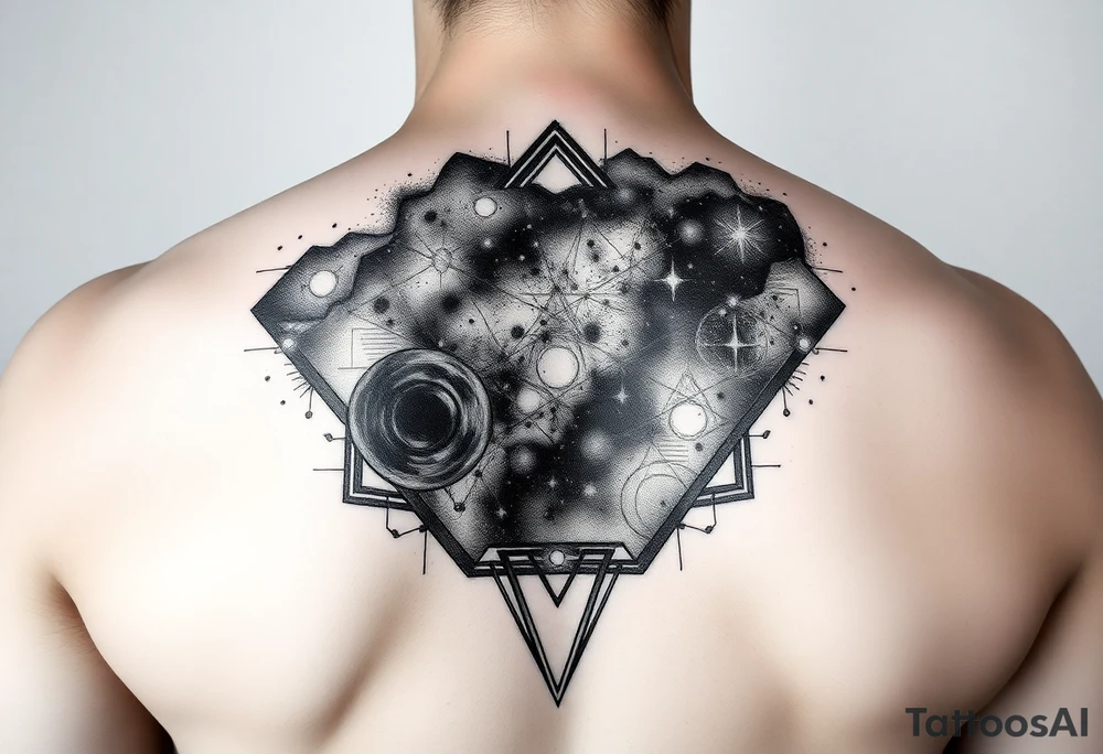 full milky way that covers the upper middle back and is geometric but also futuristic tattoo idea