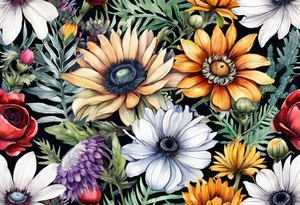 wildflowers with thistles, ferns, ranuculus, white anemones with black center, sun flowers, mixed color flowers and different shapes all in watercolor tattoo idea