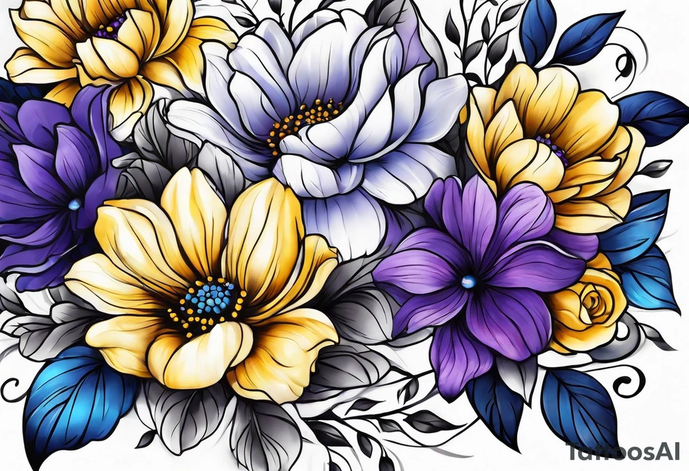 Blue yellow and purple flowers arm sleeve tattoo idea