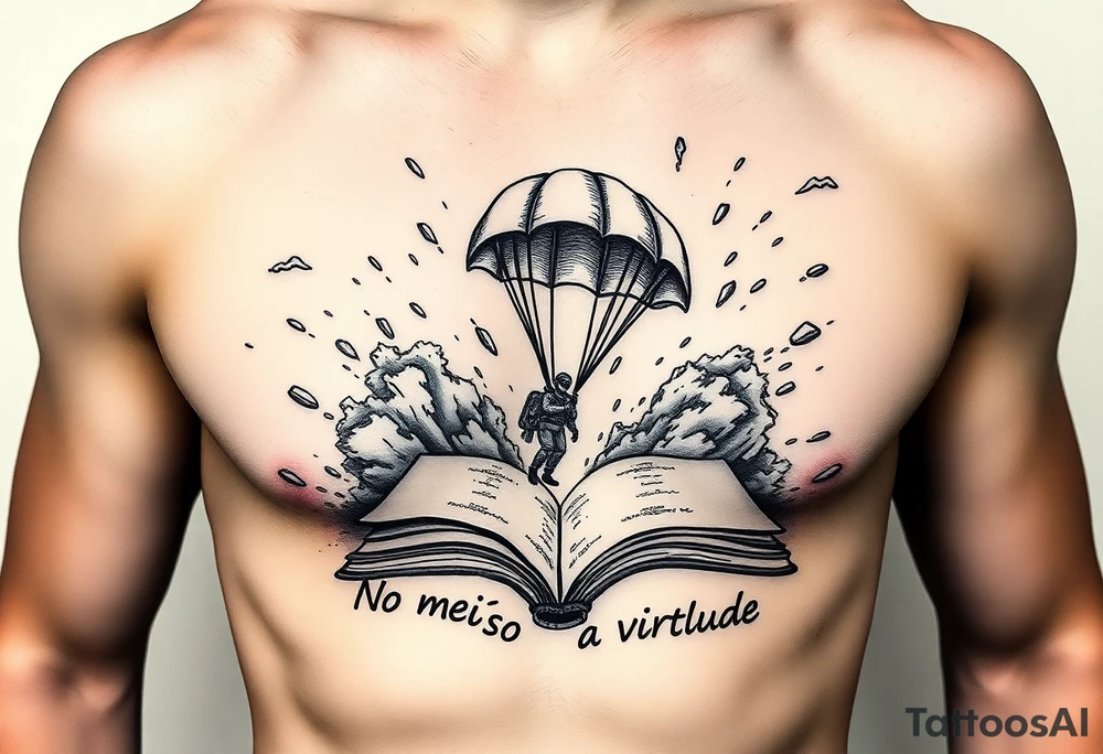 A parachuting soldier landing into an open book. Chaos surrounding, but the book is protecting the soldier from it. On the chest. Make it smaller. Thought provoking. "No meio esta a virtude" underneath the book tattoo idea
