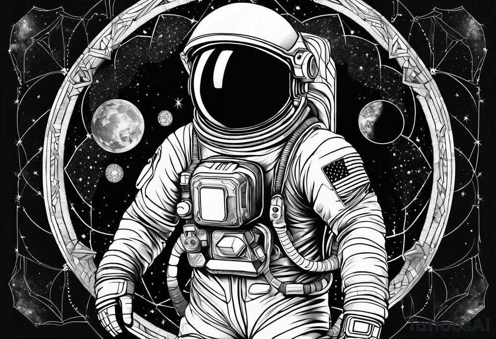 Astronaut floating in space with sacred geometry and hexagonal shapes tattoo idea