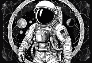 Astronaut floating in space with sacred geometry and hexagonal shapes tattoo idea