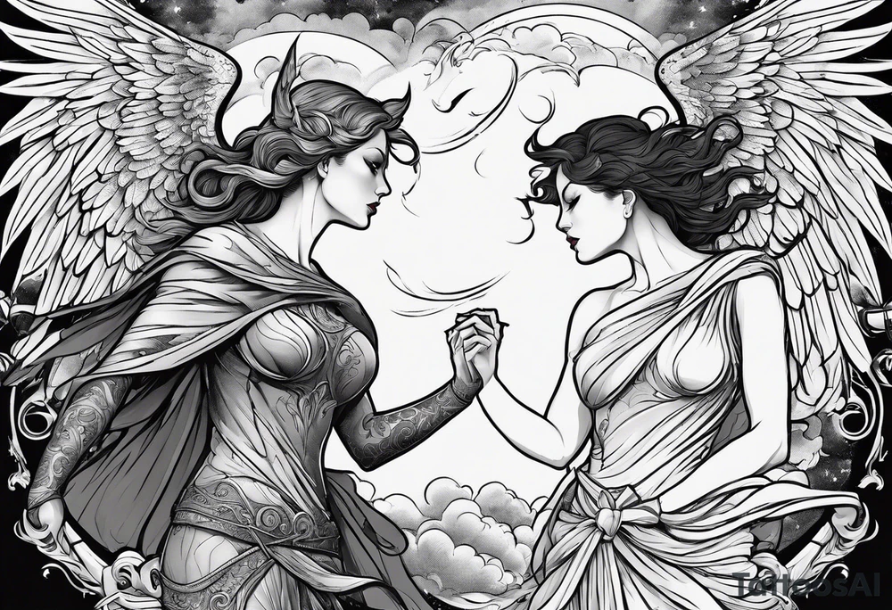 angel woman and devil woman fighting, arguing on the sky , big wingsand full body  , angel at the right , tattoo idea