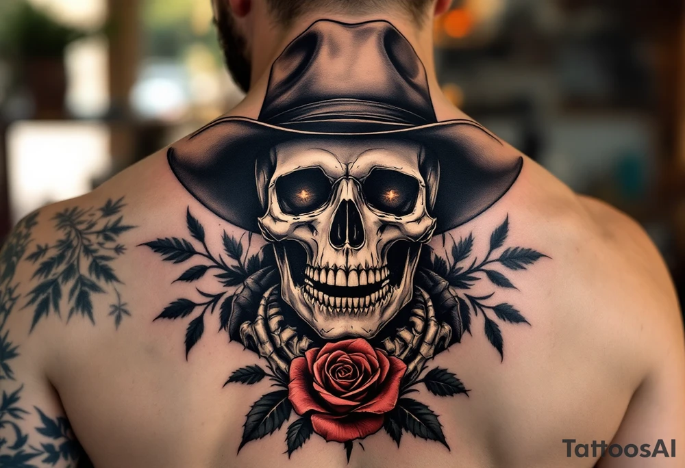 Full skeleton body and head 
cowboy with rose in teeth tattoo idea