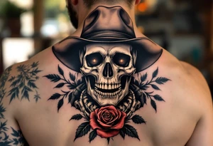 Full skeleton body and head 
cowboy with rose in teeth tattoo idea