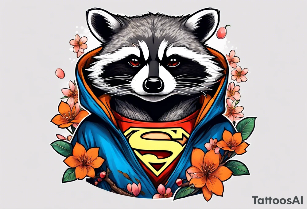 raccoon wearing a Superman hoodie with orange cherry blossoms tattoo idea