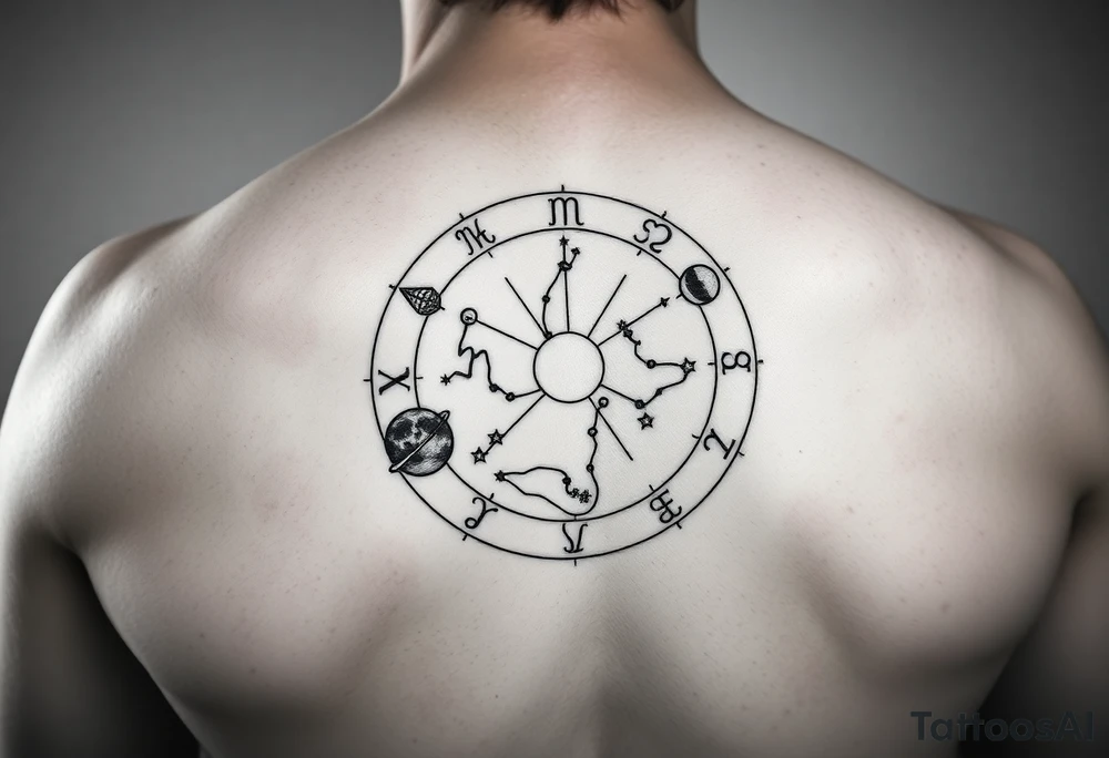 Zodiac constellation map with sagittarius mom two cancer kids and 2 aries kids with stars and Jupiter,  mars, and the moon as ruling planet tattoo add the zodiac constellations tattoo idea