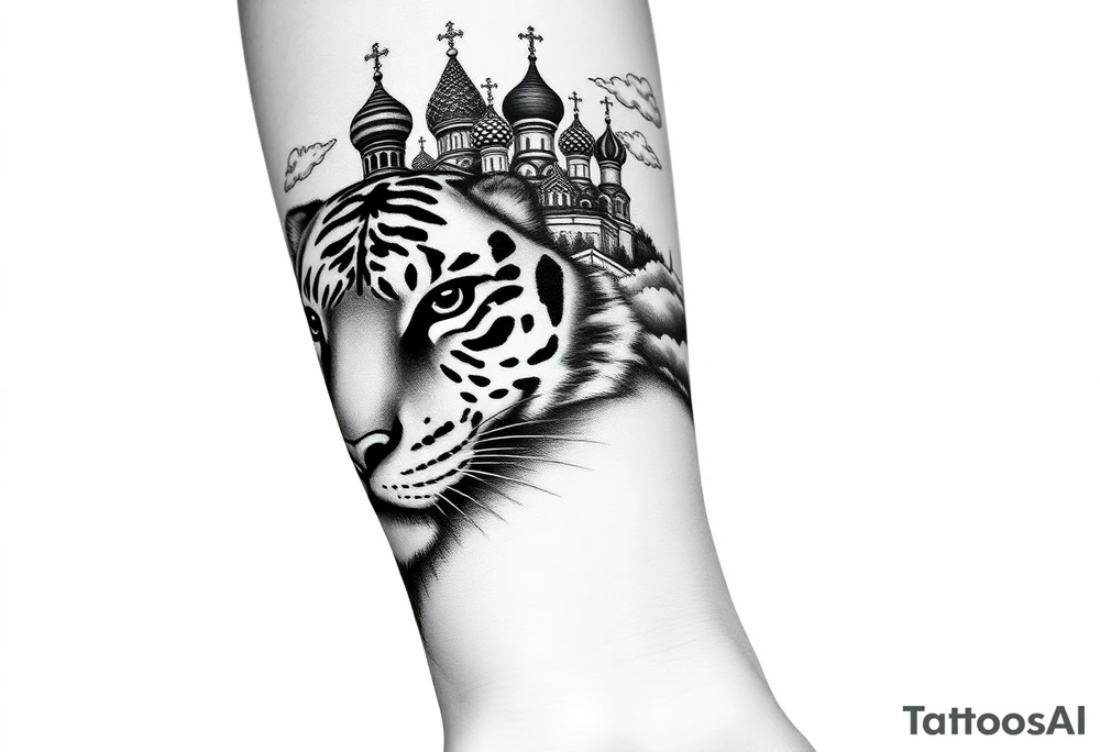 Realistic relic style tiger face on the back of the hand with strong contrast and fine detail with its eyes completely black. with a highly detailed Russian Orthodox cathedral sitting above on fore arm with onion domes and orthodox crosses, done in fine line, engraving-like style. Cohesive composition, black ink only, no color, high contrast, slightly aged, documentary-style, plain light background. with clouds above and a virgin mary 
spanning from my hand to lower fore arm tattoo idea