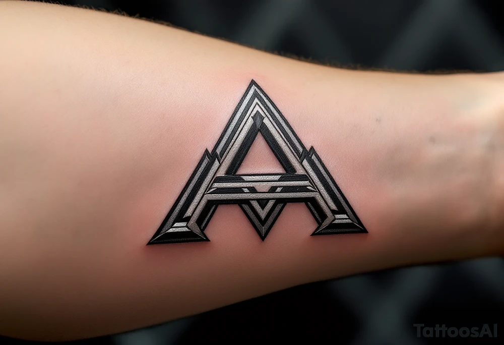 A sharp angular "A" in metallic silver with black geometric accents. tattoo idea
