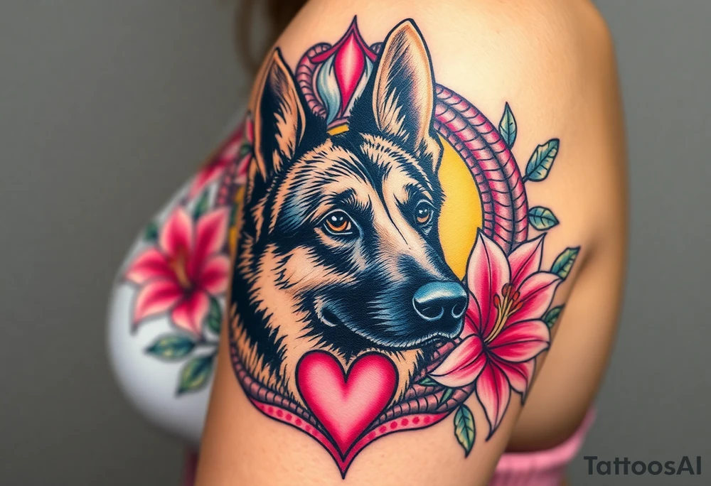 realistic german shepherd with alert ears looking protective surrounded by pink lilies with leaves in front of a serpent sacred heart tattoo idea
