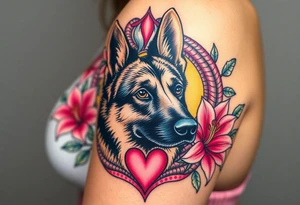 realistic german shepherd with alert ears looking protective surrounded by pink lilies with leaves in front of a serpent sacred heart tattoo idea