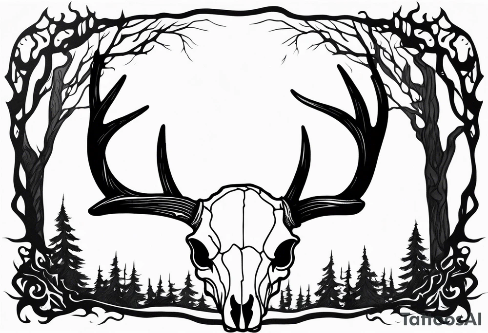 side profile of a DECAYING deer skull JUST BONE lore accurate surrounded by a flames and trees tattoo idea