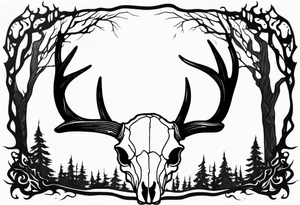 side profile of a DECAYING deer skull JUST BONE lore accurate surrounded by a flames and trees tattoo idea