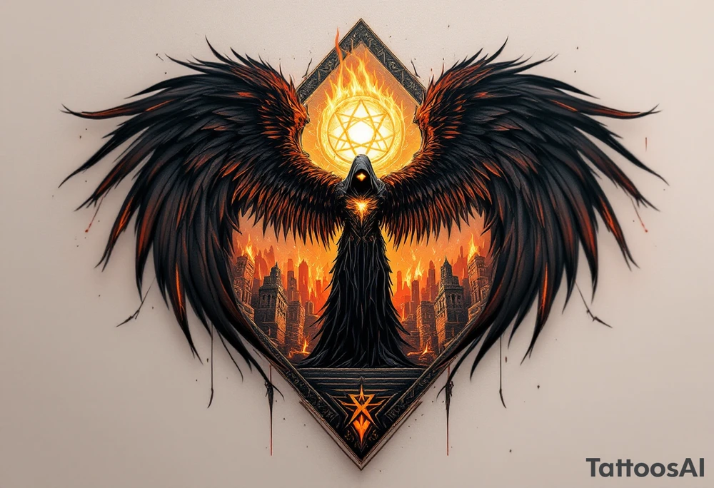 An Angel of Death standing at the gates of a burning city, wings charred and eyes glowing molten gold. tattoo idea