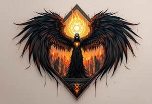 An Angel of Death standing at the gates of a burning city, wings charred and eyes glowing molten gold. tattoo idea