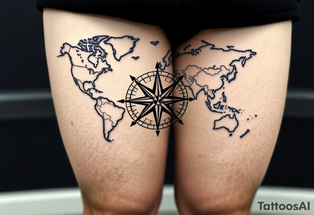 antique compass rose overlaid on weathered world map with sailing ships tattoo idea