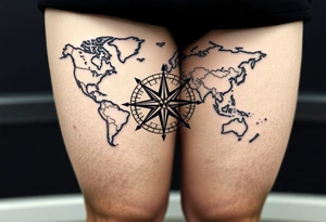 antique compass rose overlaid on weathered world map with sailing ships tattoo idea