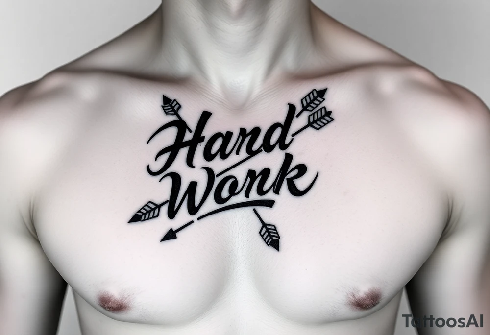 chest tattoo with japanese writing of hard work combined with bow and arrow tattoo idea
