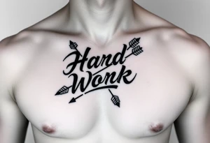 chest tattoo with japanese writing of hard work combined with bow and arrow tattoo idea
