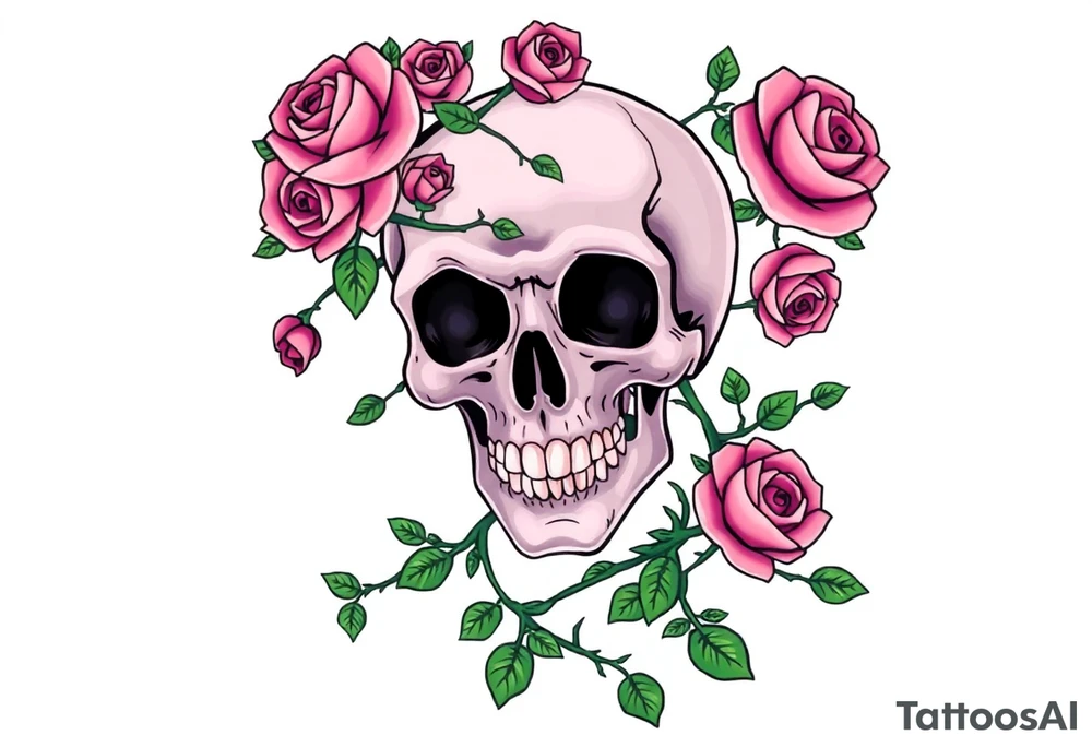 gothic skull intertwined with climbing roses and thorny vines tattoo idea