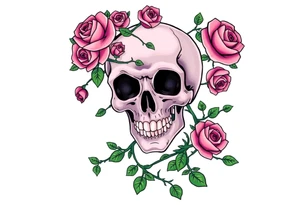 gothic skull intertwined with climbing roses and thorny vines tattoo idea