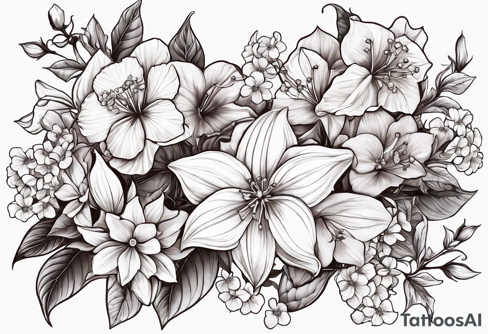 Hydrangea, Narcissus, Poinsettia, Holly, Gladiolus, Poppy, Daisy, Sweet Pea floral tattoo idea