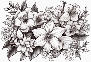 Hydrangea, Narcissus, Poinsettia, Holly, Gladiolus, Poppy, Daisy, Sweet Pea floral tattoo idea