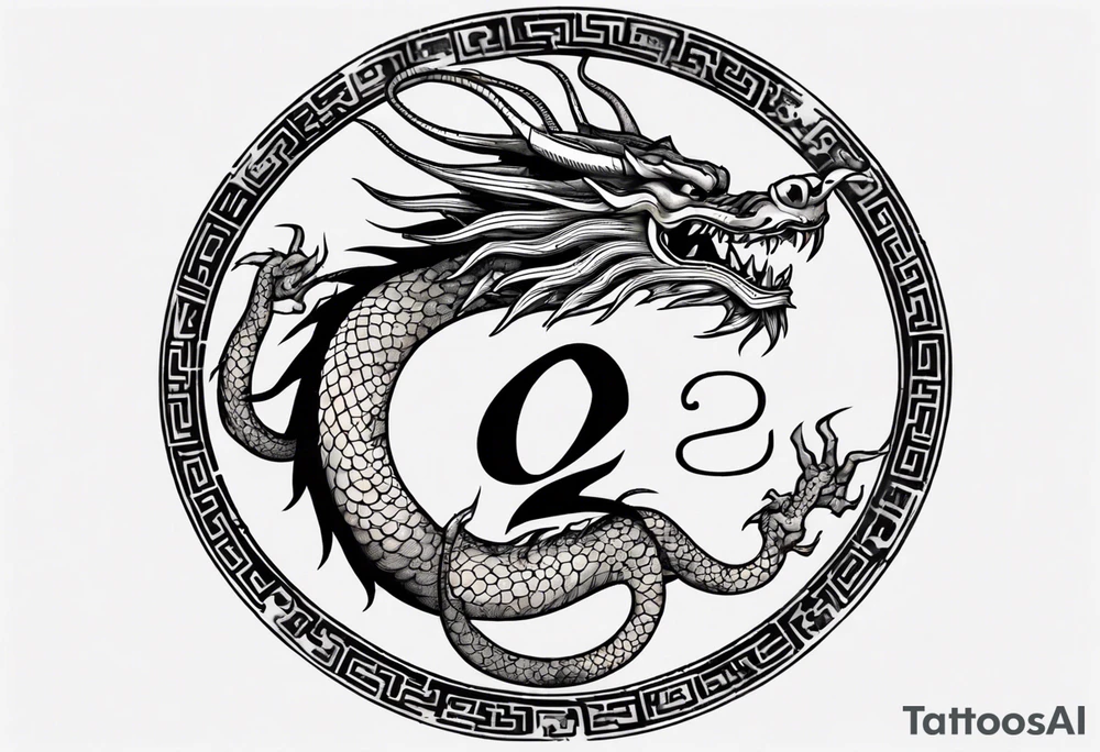 Chinese dragon in a circular shape with "02.03" written on its skin tattoo idea