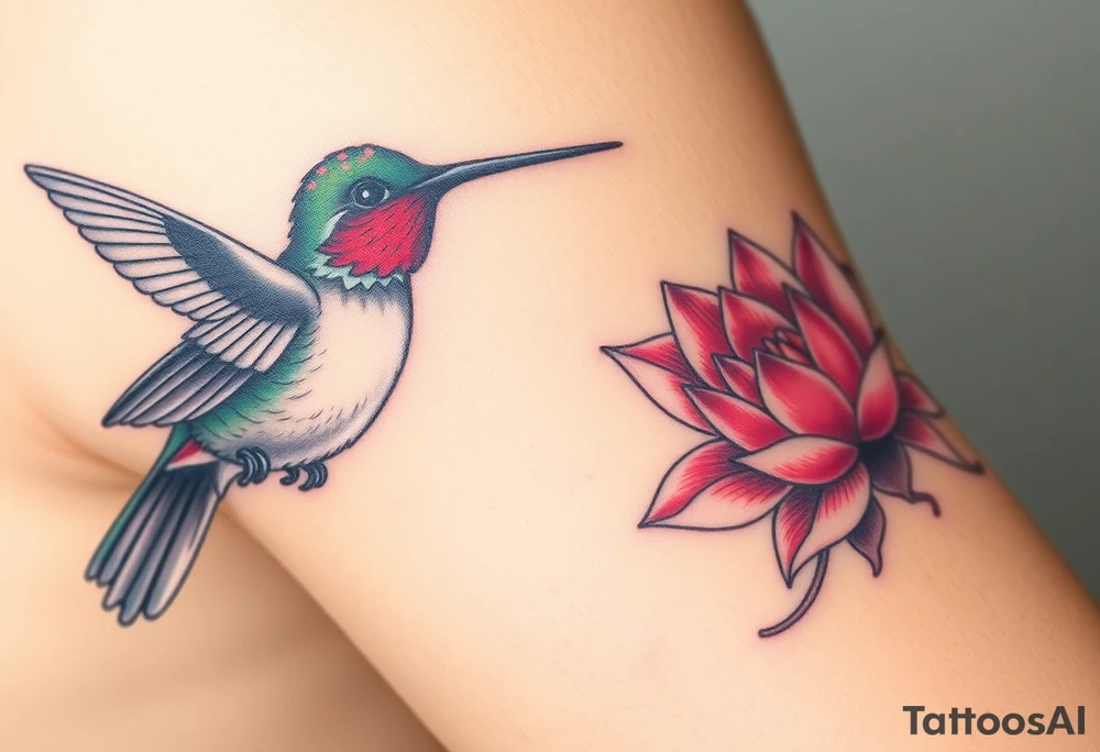 A hummingbird drinking nectar from an Egyptian lotus, make bird more black (only red , blue and black are possible colors) tattoo idea