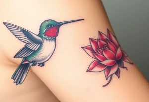 A hummingbird drinking nectar from an Egyptian lotus, make bird more black (only red , blue and black are possible colors) tattoo idea