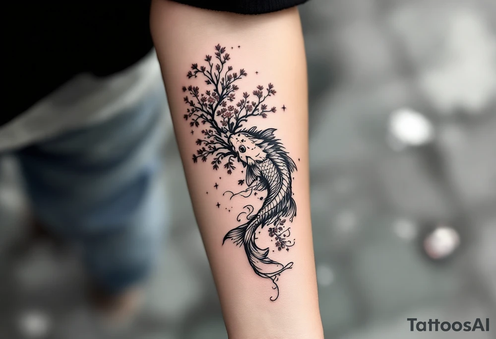 koi fish  with a dragon 
with a sakura tree in the background, Japanese inspired piece tattoo idea