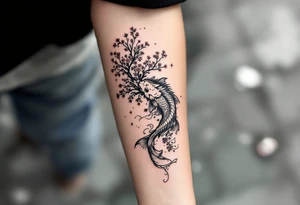 koi fish  with a dragon 
with a sakura tree in the background, Japanese inspired piece tattoo idea