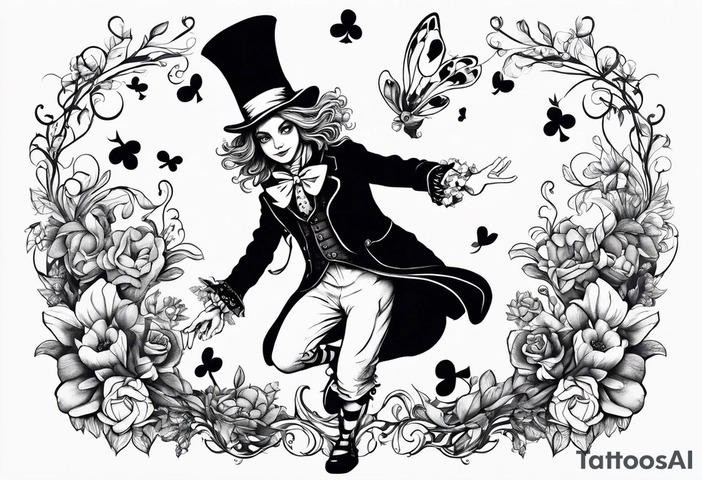 alice in wonderland with mad hatter dancing among magical flowers tim burton style tattoo idea
