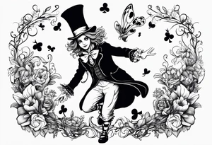 alice in wonderland with mad hatter dancing among magical flowers tim burton style tattoo idea